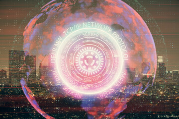 Double exposure of technology theme hologram and cityscape background. Concept of Hightech.