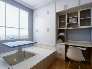 elegant and modern bedroom design, big bed with overcoat cabinet