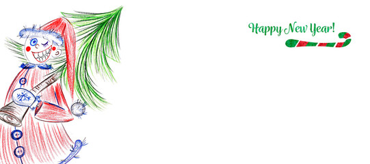 Happy New Year card template.Funny Christmas character with a Christmas tree on his shoulder