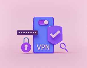 VPN Service in smartphone. Virtual Private Network. Secure network connection and privacy protection concept. 3d rendering