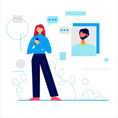 Woman with a smartphone in her hand. Call concept, online communication by phone. Vector illustration