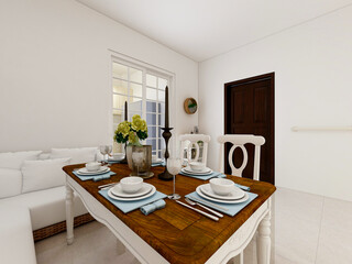 spacious dining room design next to the modern kitchen, with a beautiful dining table and greenery