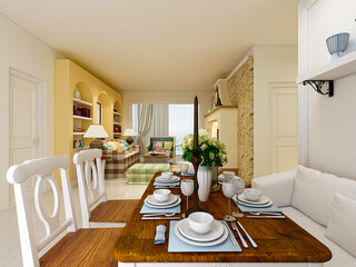 spacious dining room design next to the modern kitchen, with a beautiful dining table and greenery