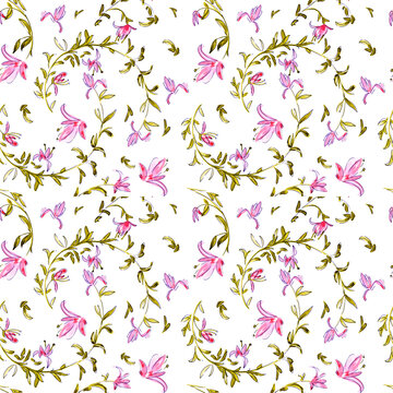 Seamless pattern with hand drawn thin pink flowers and sprigs. seamless floral pattern. Hand drawn. Watercolor. Isolated on white. Delicate curls of flowers and twigs, intertwined with each other. Cut