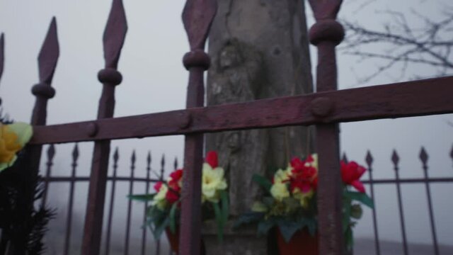 Jesus cross in the middle of nowhere 8. Fog. Close up shoot. Shoot on Sony a7SII