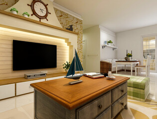 spacious living room design of modern residence, with sofa, tea table, decorative painting, etc