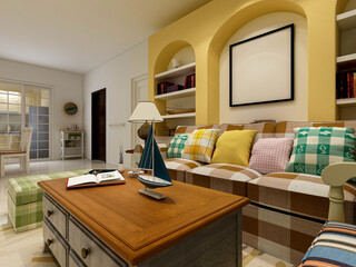 spacious living room design of modern residence, with sofa, tea table, decorative painting, etc