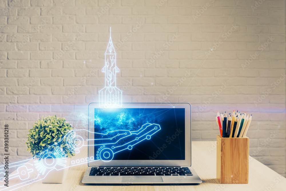 Poster desktop computer background in office and start up theme hologram drawing. double exposure. startup 