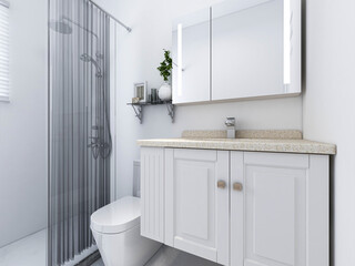 Clean modern residential bathroom and toilet design, which is equipped with washstand, toilet and shower equipment, etc.