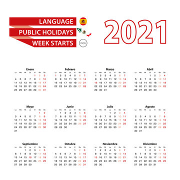 Calendar 2021 in Spanish language with public holidays the country of Mexico in year 2021.