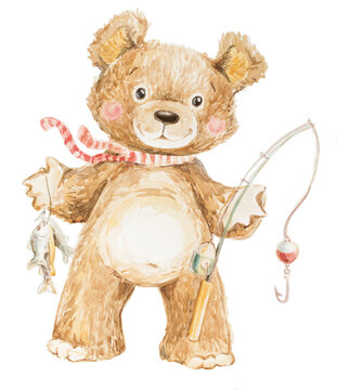cute boy bear with a fishing rod painted in watercolor
