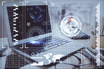 Double exposure of table with computer on background and data theme drawing. Concept of innovation.