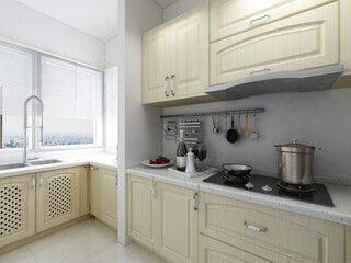 Modern family kitchen design, new cabinets and kitchenware with refrigerators, sunlight from the window.