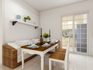 spacious dining room design next to the modern kitchen, with a beautiful dining table and greenery