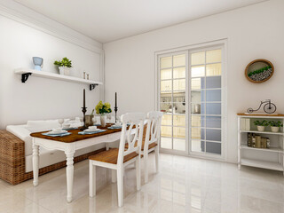 spacious dining room design next to the modern kitchen, with a beautiful dining table and greenery