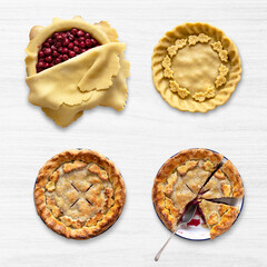 Baking steps cherry pie thanksgiving dessert flat lay