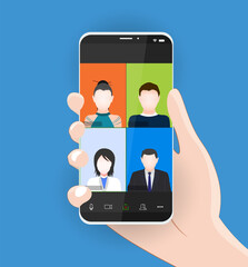 Video conference on the smartphone screen. Beautiful avatars for profiles. Illustrations flat design concept video conference. online meeting work form home. Home education, distance learning. EPS 10