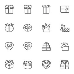 Gift box line icons set, outline vector symbol collection, linear style pictogram pack. Signs, logo illustration. Set includes icons as Christmas gift box decoration with ribbon bow, new year present