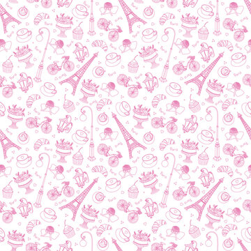 Vector Eifel Tower Paris Love Pink Purple Drawing Seamless Pattern with romantic hearts. Perfect for travel themed designs products, bags, accessories, luggage, clothing
