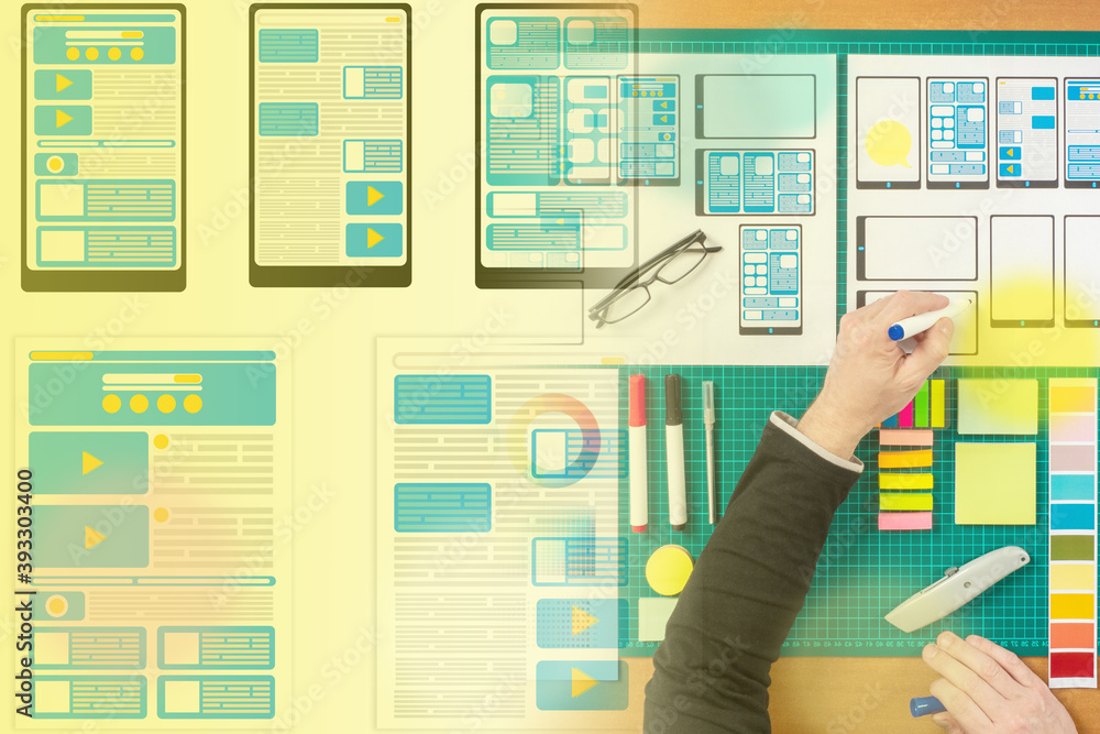 Poster application design. designer is developing usability of a mobile application. design engineer draws 