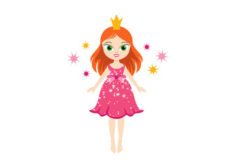 Cute little girl in a pink princess dress icon vector. Princess in a pink dress vector. Sweet doll icon vector. Cute fairy in pink dress clip art. Adorable little girl with red hair and a crown vector