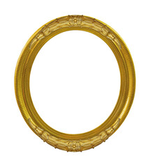 Golden oval frame for paintings, mirrors or photo isolated on white background. Design element with clipping path
