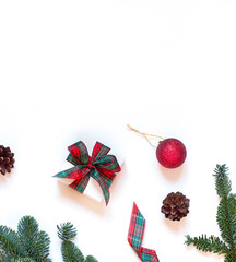 Christmas and New Year concept frame with winter holiday decorations on the white background. Top view festive greeting card. Copy space