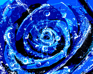 Blue rose with splashing water. Modern Freshness. A Sense of Freshness. Poster. Blue background.