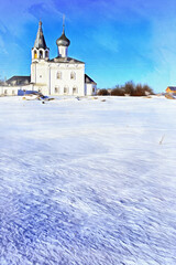 Russian monastery architecture in Gorohovets at winter colorful painting looks like picture.