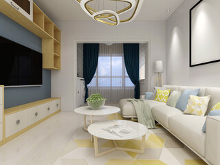 spacious living room design of modern residence, with sofa, tea table, decorative painting, etc
