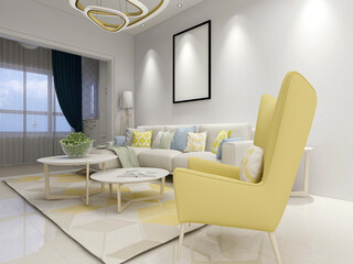 spacious living room design of modern residence, with sofa, tea table, decorative painting, etc