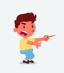 angry cartoon character of little boy on jeans with pencil points to the side.