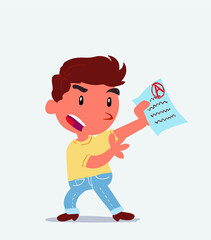 cartoon character of little boy on jeans arguing effusively with exam in hand.