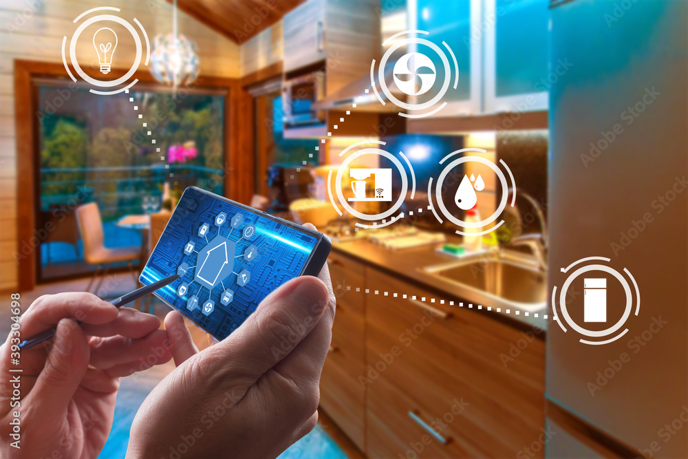 Poster smart home control application. man controls household appliances through a smartphone. hands with a