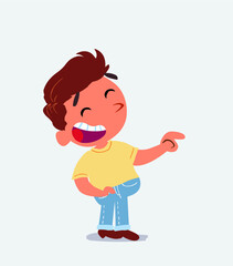 cartoon character of little boy on jeans points to his side while laughing