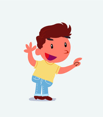 cartoon character of little boy on jeans pointing while arguing.