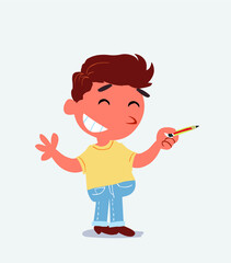 cartoon character of little boy on jeans says something funny while pointing to the side with a pencil.