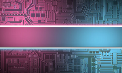 PCB background. Purple background with place for inscription. Texture with lines like on a printed circuit board. PCB is illuminated with neon light. PCB background as a symbol of modern technologies