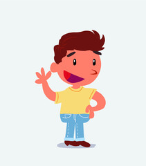 Obraz na płótnie Canvas cartoon character of little boy on jeans waving happily