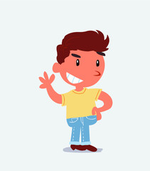 cartoon character of little boy on jeans waving while smiling.