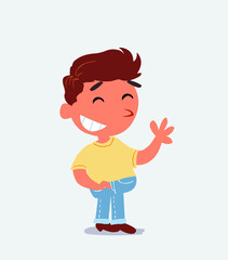 cartoon character of little boy on jeans waving informally while laughing.