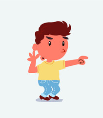  Surprised cartoon character of little boy on jeans points to something