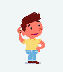 Thoughtful cartoon character of little boy on jeans scratching his head
