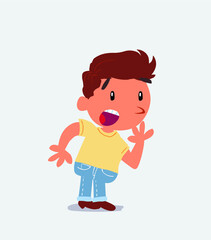 Unpleasantly surprised cartoon character of little boy on jeans looks to the side