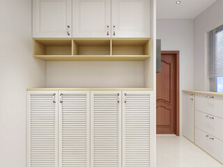 clean and tidy modern living room design, entrance with shoe cabinet, sofa, TV, table, leisure chair and other facilities