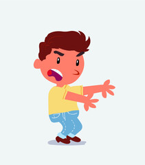 Very angry cartoon character of little boy on jeans pointing at something at side.