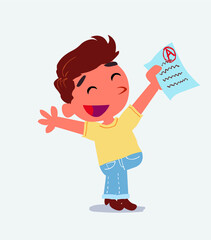 very happy cartoon character of little boy on jeans with a exam in hand.