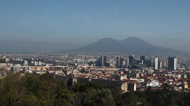 Historic city of Naples, Italy downtown daytime  panorama with the Mount Vesuvius and the whole city