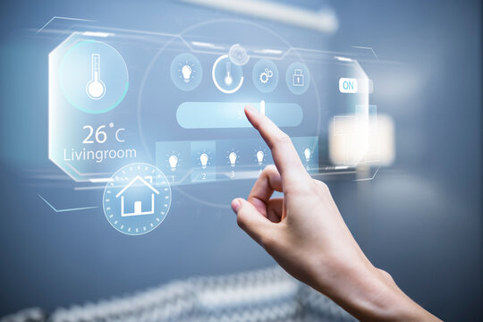 Smart home modern technology Asian girl sitting living room finger touching controlling remote system navigating adjusting functions light temperature and security setting, UI hologram screen display