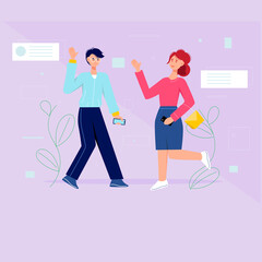 Man and woman with a phone in hand. Greetings. Vector illustration.